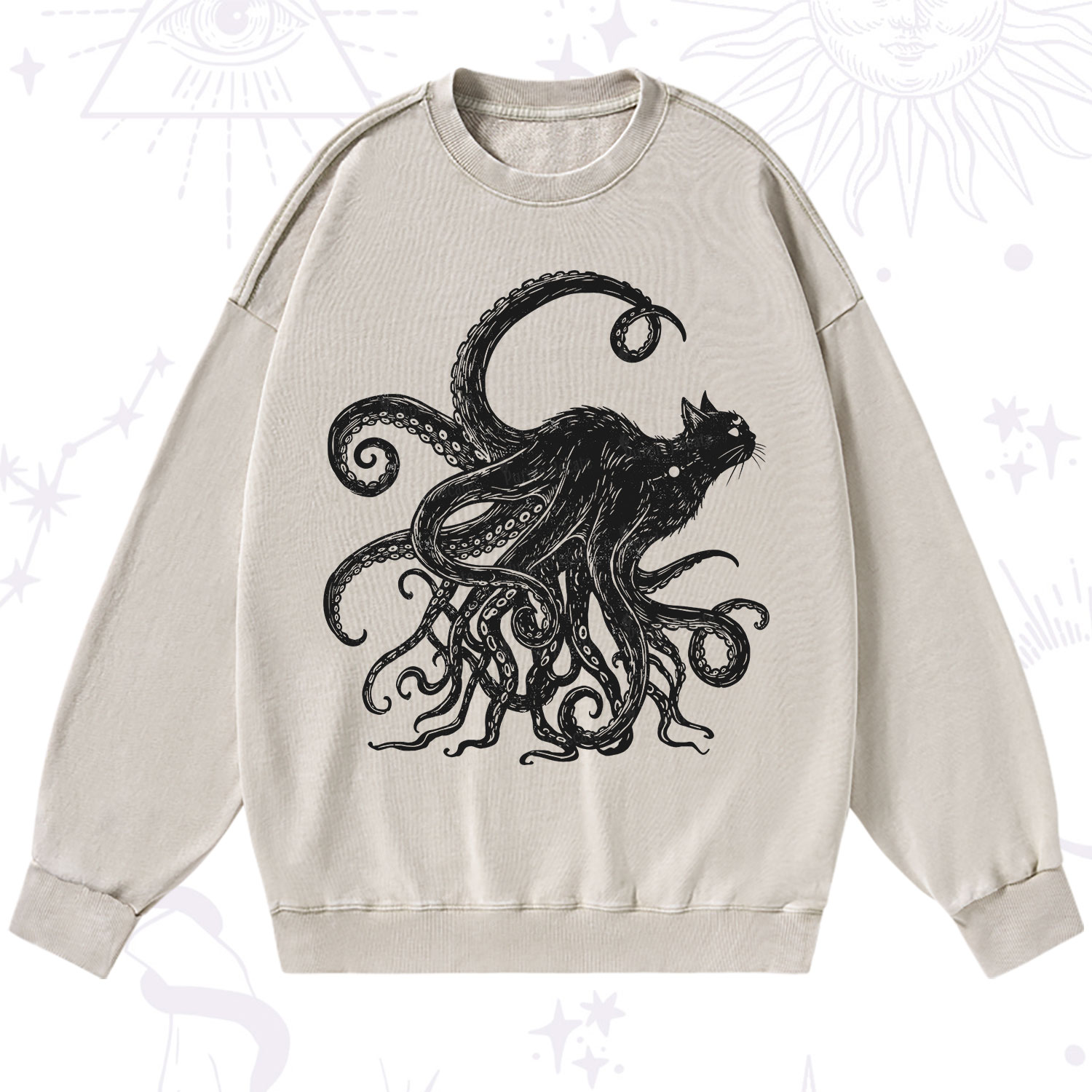 Purplehecate Black Cat with Octopus Tentacles Washed Sweatshirt
