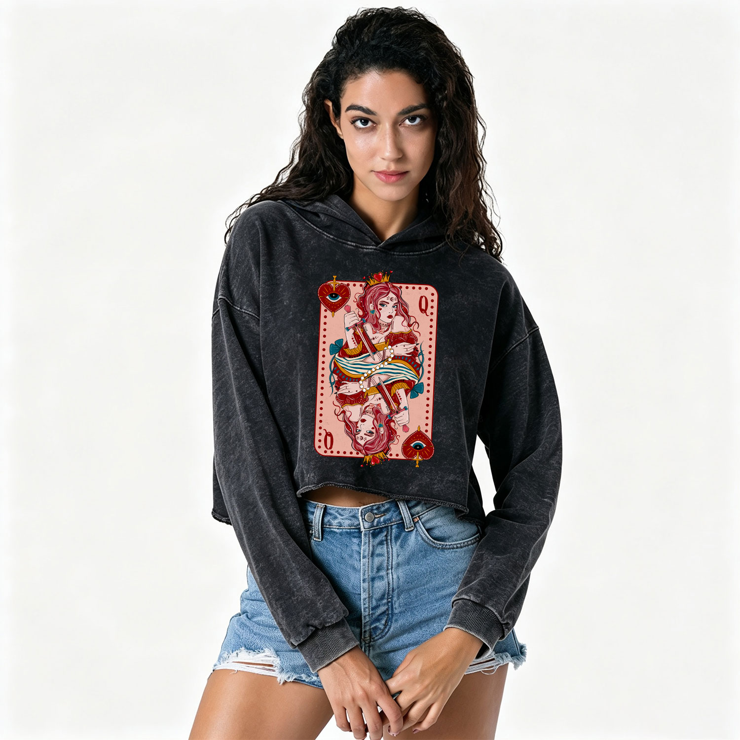 Purplehecate Queen of Hearts Washed Cropped Hoodie
