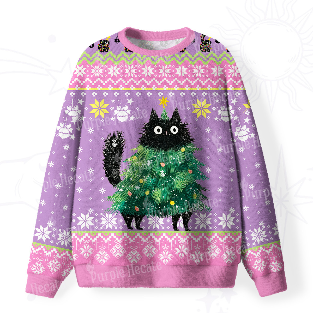 Purplehecate Funny Black Cat in Tree Fuzzy Ugly Christmas Sweatshirt