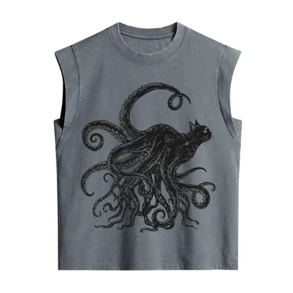 Purplehecate Black Cat with Octopus Tentacles Vintage Washed Tank