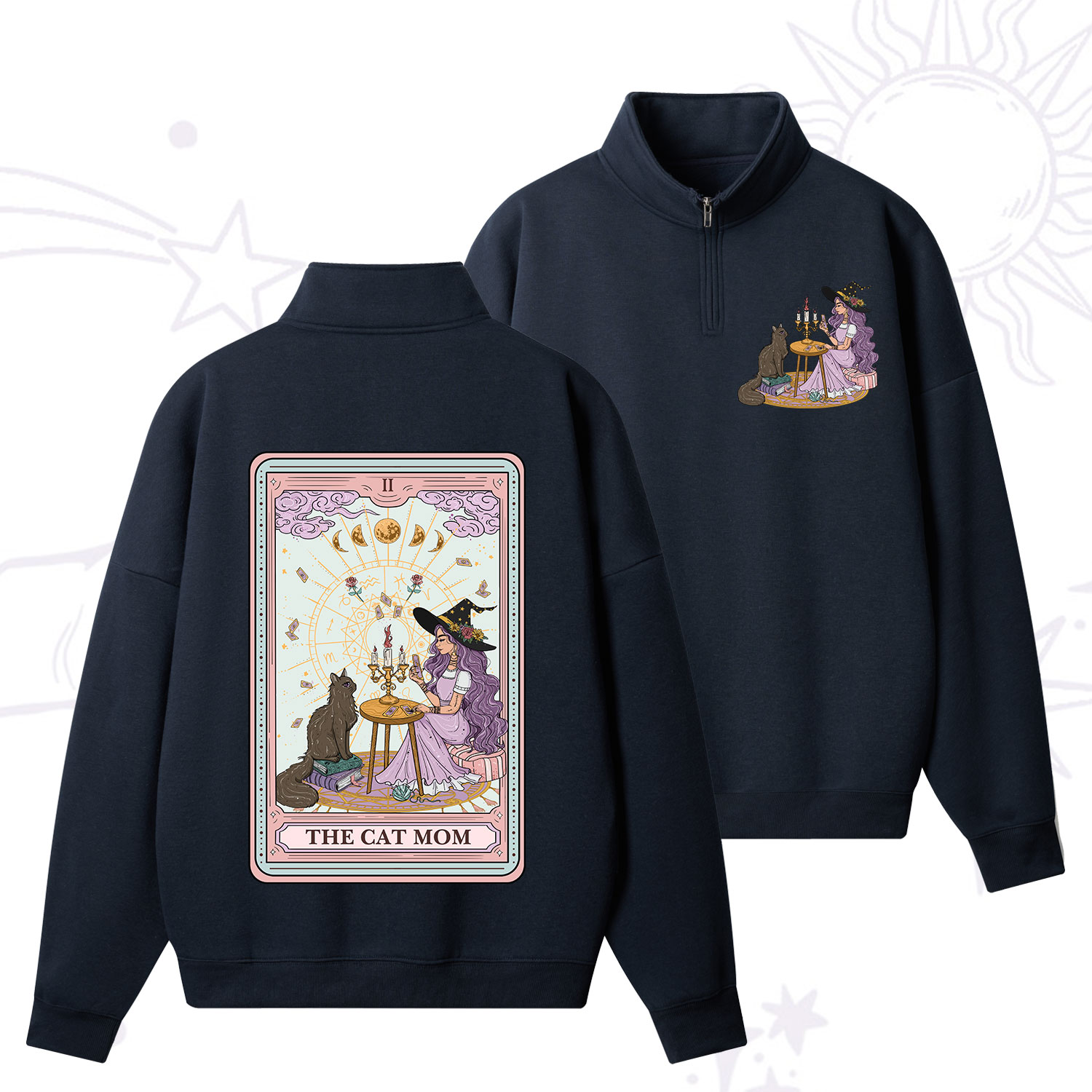 Purplehecate The Cat Witch Mom Tarot Zip Fleece Sweatshirt