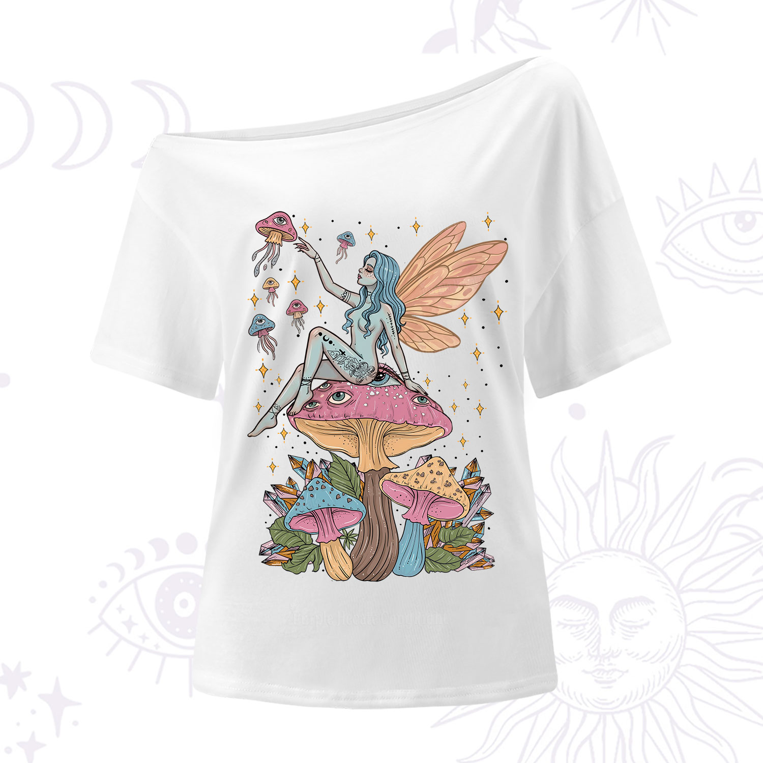 Purplehecate Celestial Fairy on Mushroom One Shoulder T-Shirt