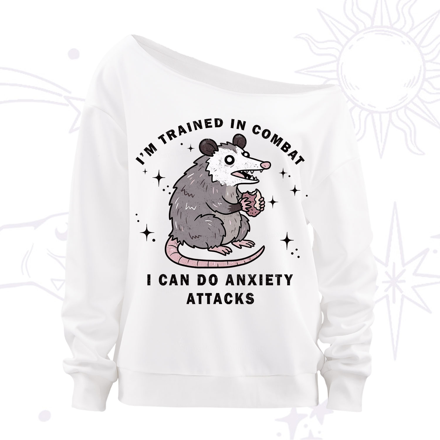 Purplehecate Anixety Attack Opossum Off The Shoulder Sweatshirt