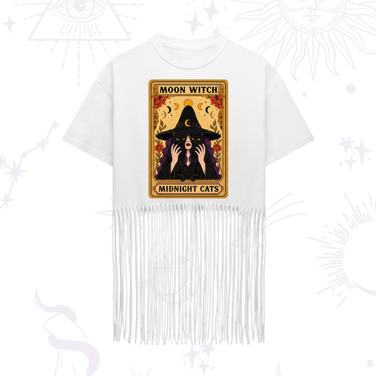 Purplehecate The Moon Witch Midnight Cats Oracle Card Fringe Hem T-Shirt