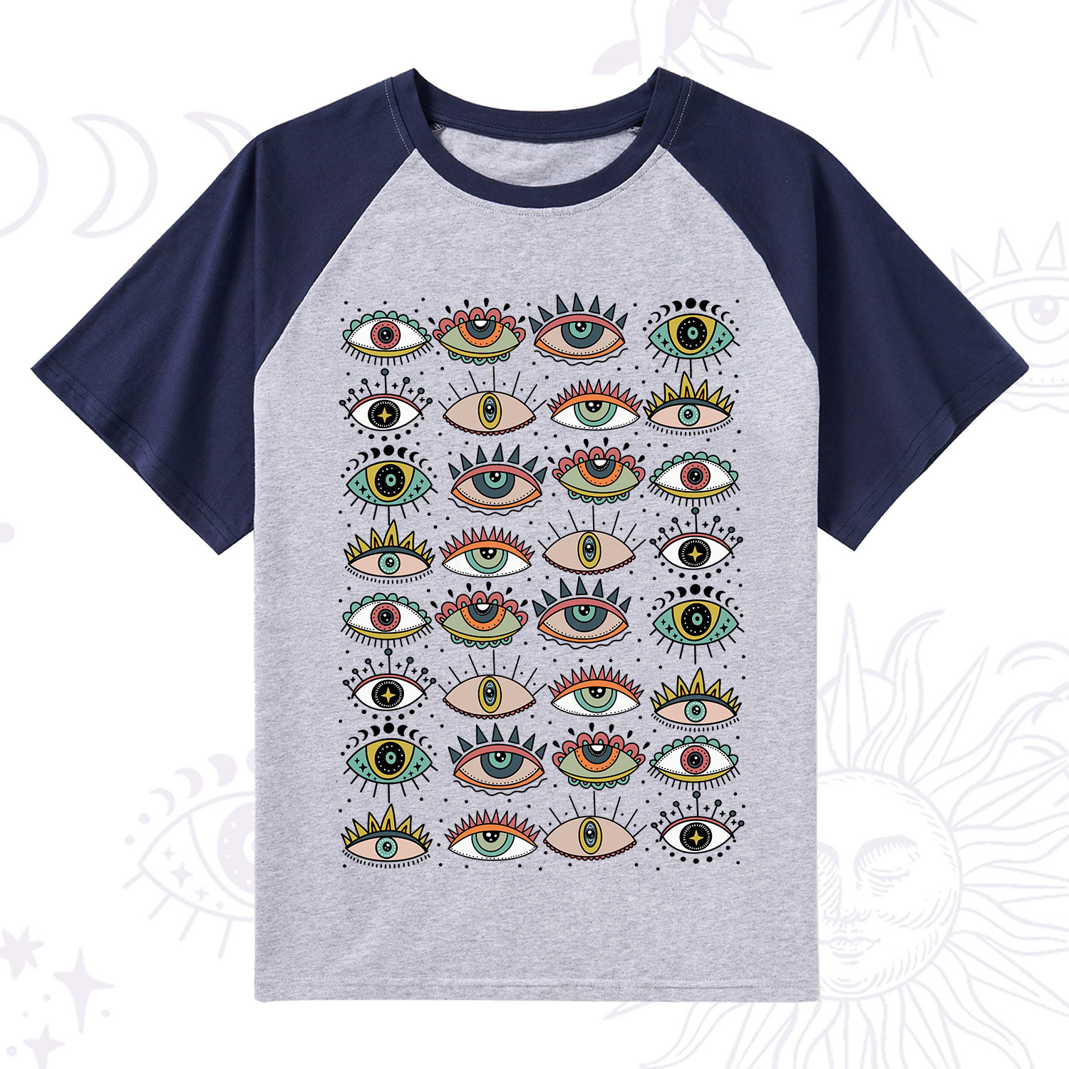 Purplehecate Evil Eye Pattern Raglan Short Sleeve T‑Shirt