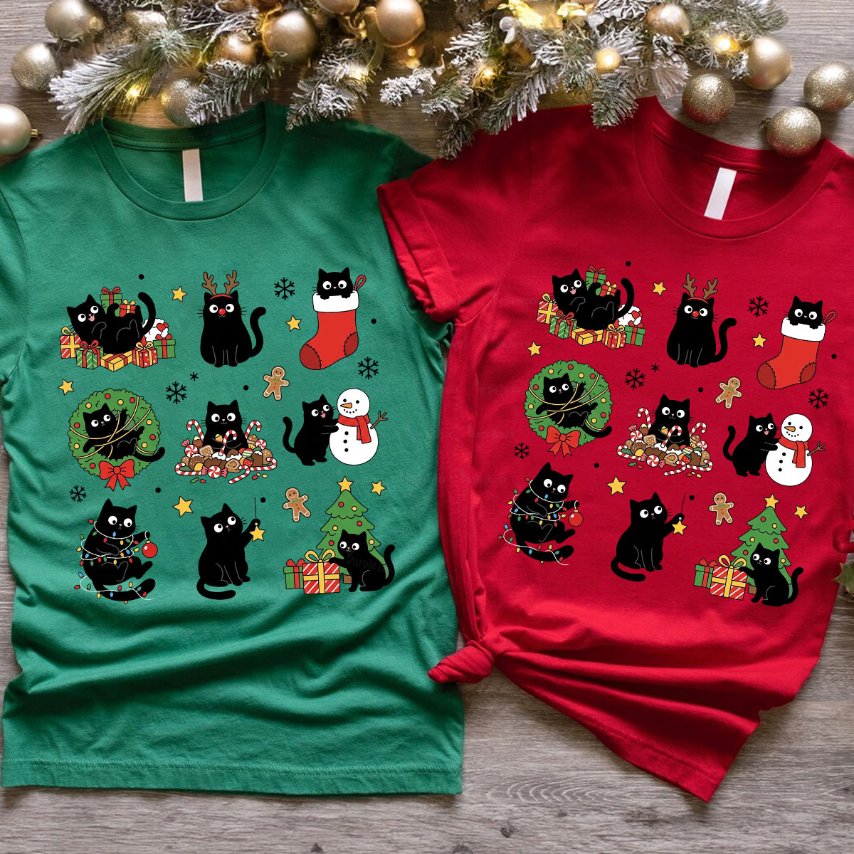 Purplehecate Christmas Black Cat Christmas Couple T-Shirts