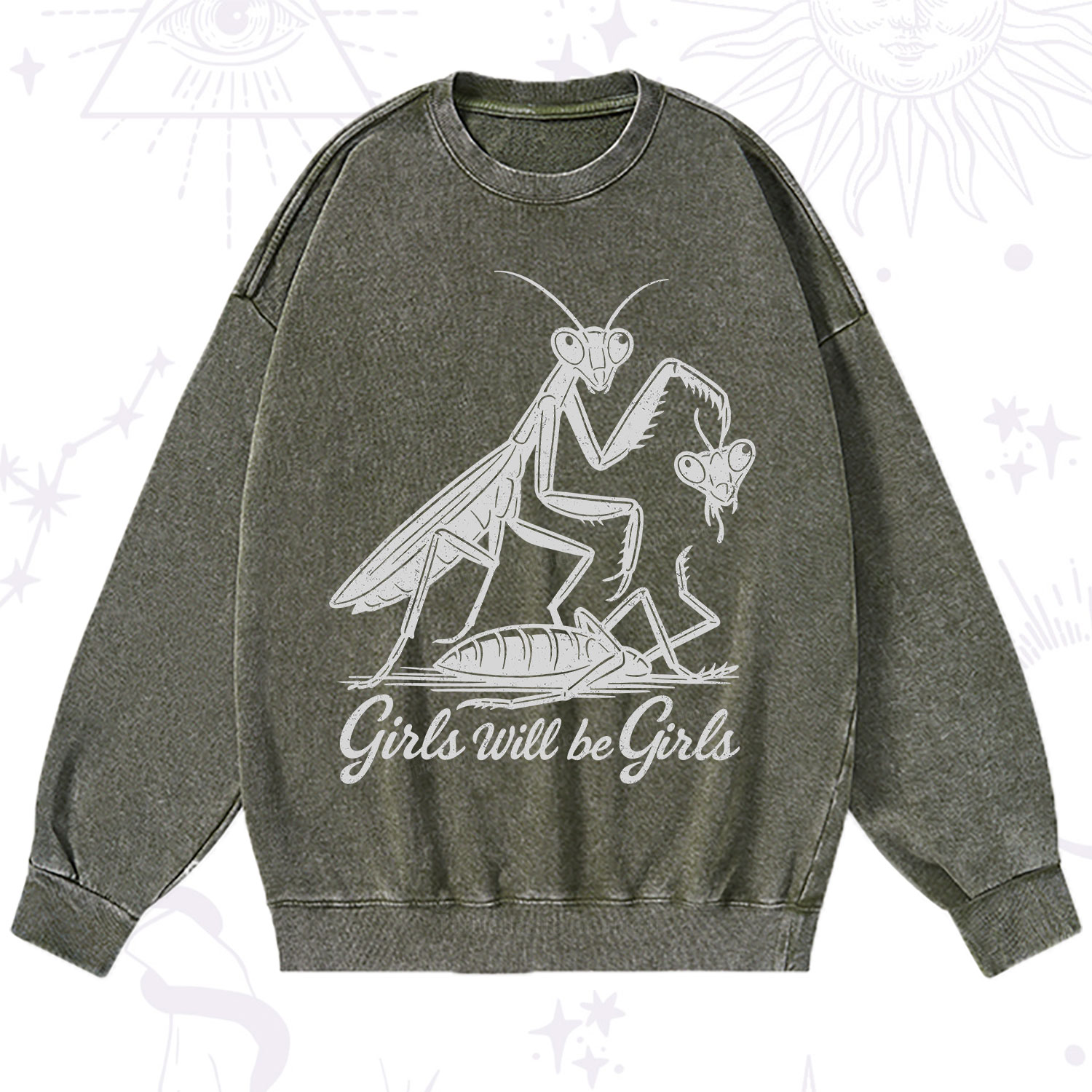 Purplehecate Girls Will Be Girls Praying Mantis Washed Sweatshirt