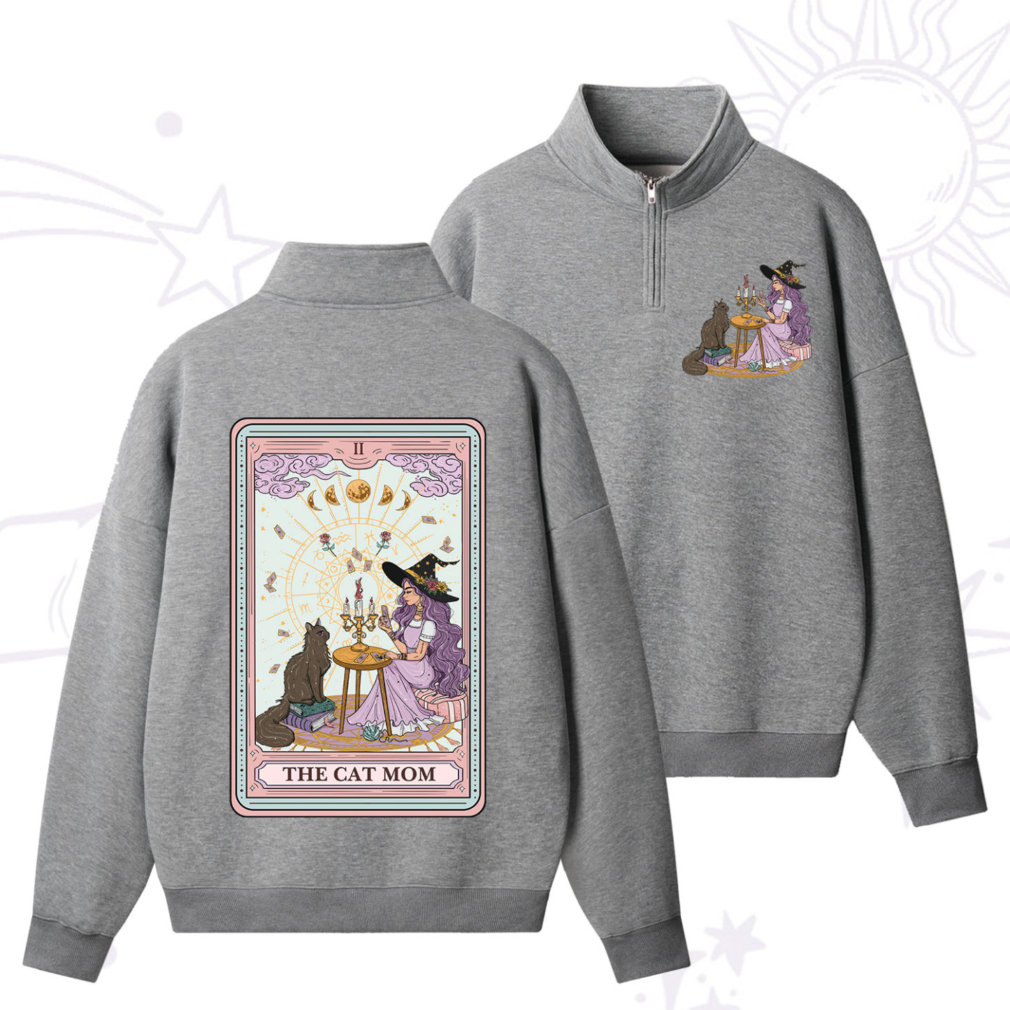 Purplehecate The Cat Witch Mom Tarot Zip Fleece Sweatshirt