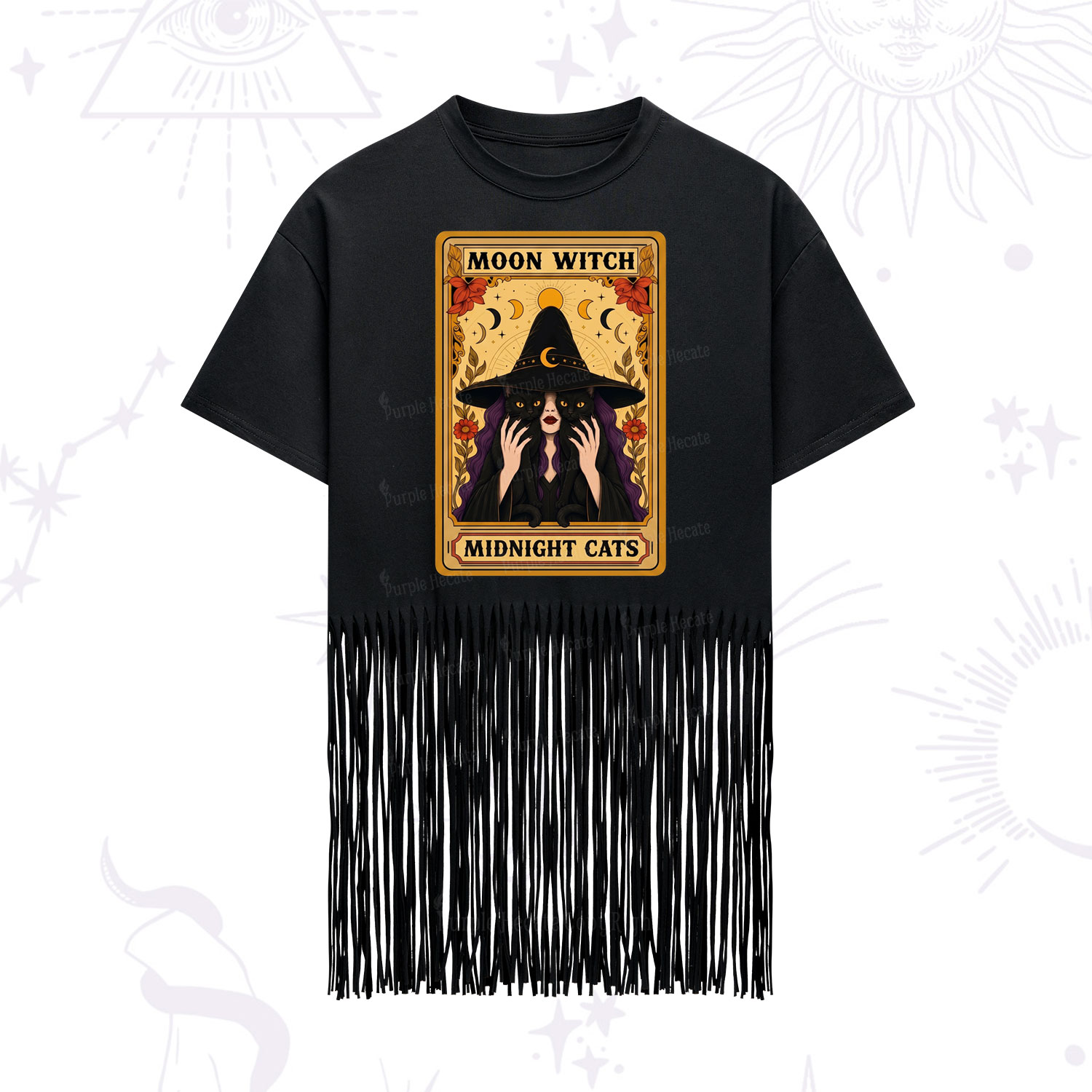 Purplehecate The Moon Witch Midnight Cats Oracle Card Fringe Hem T-Shirt