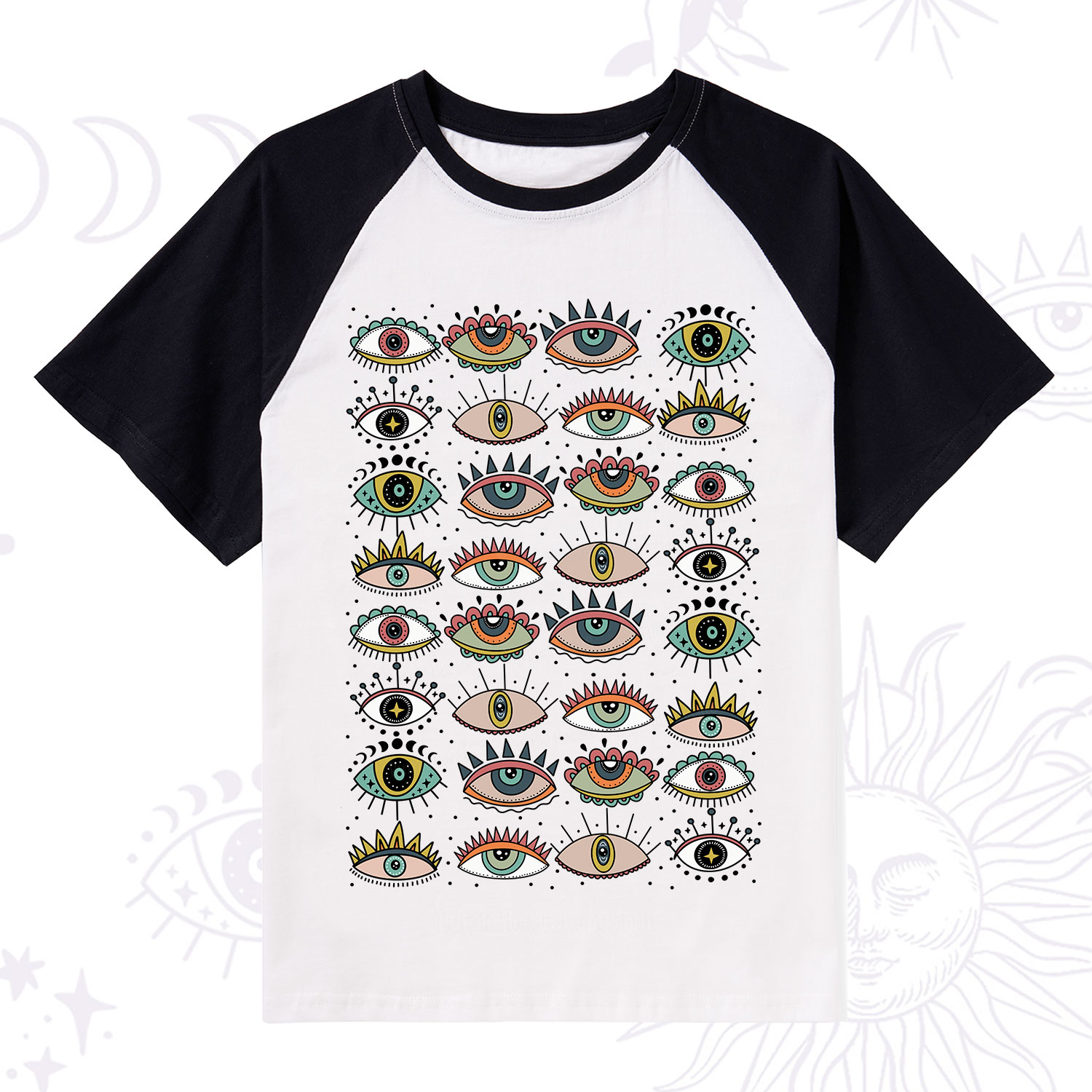 Purplehecate Evil Eye Pattern Raglan Short Sleeve T‑Shirt
