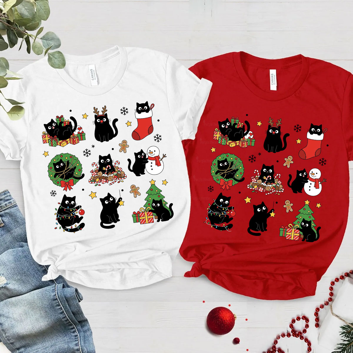Purplehecate Christmas Black Cat Christmas Couple T-Shirts