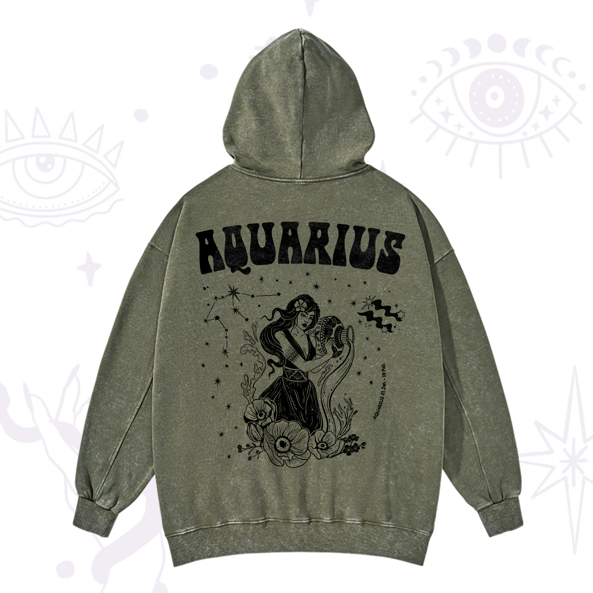 Purplehecate Aquarius Zodiac Glyphs Washed Hoodie