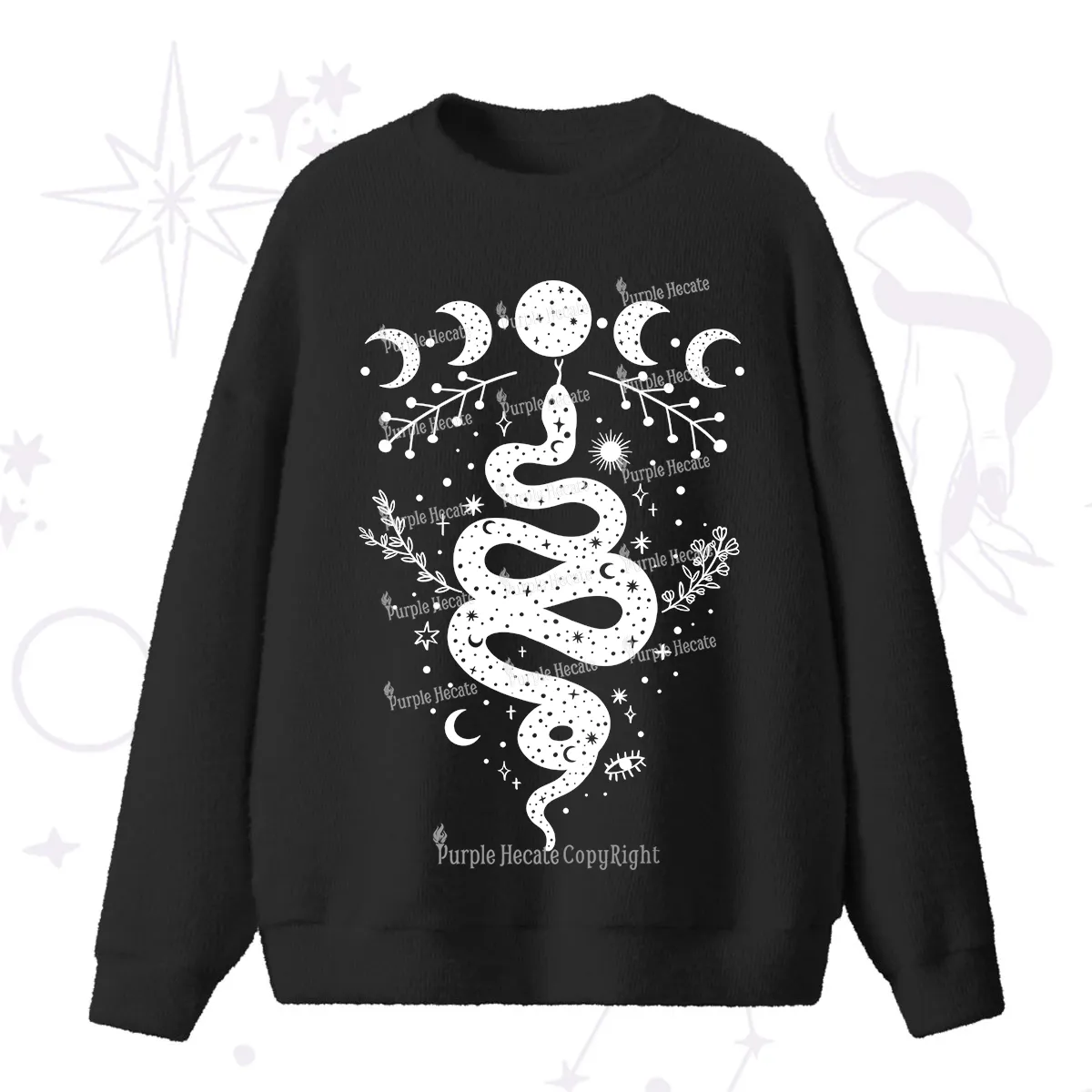 Purplehecate Snake And Moon Phase Comfort Fuzzy Ugly Sweater