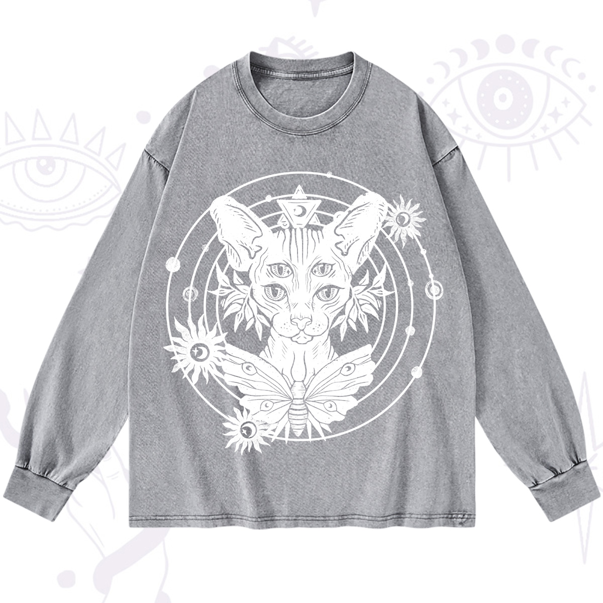 Purplehecate Mystic Sphynx Cat Lover Washed Long Sleeve Shirt