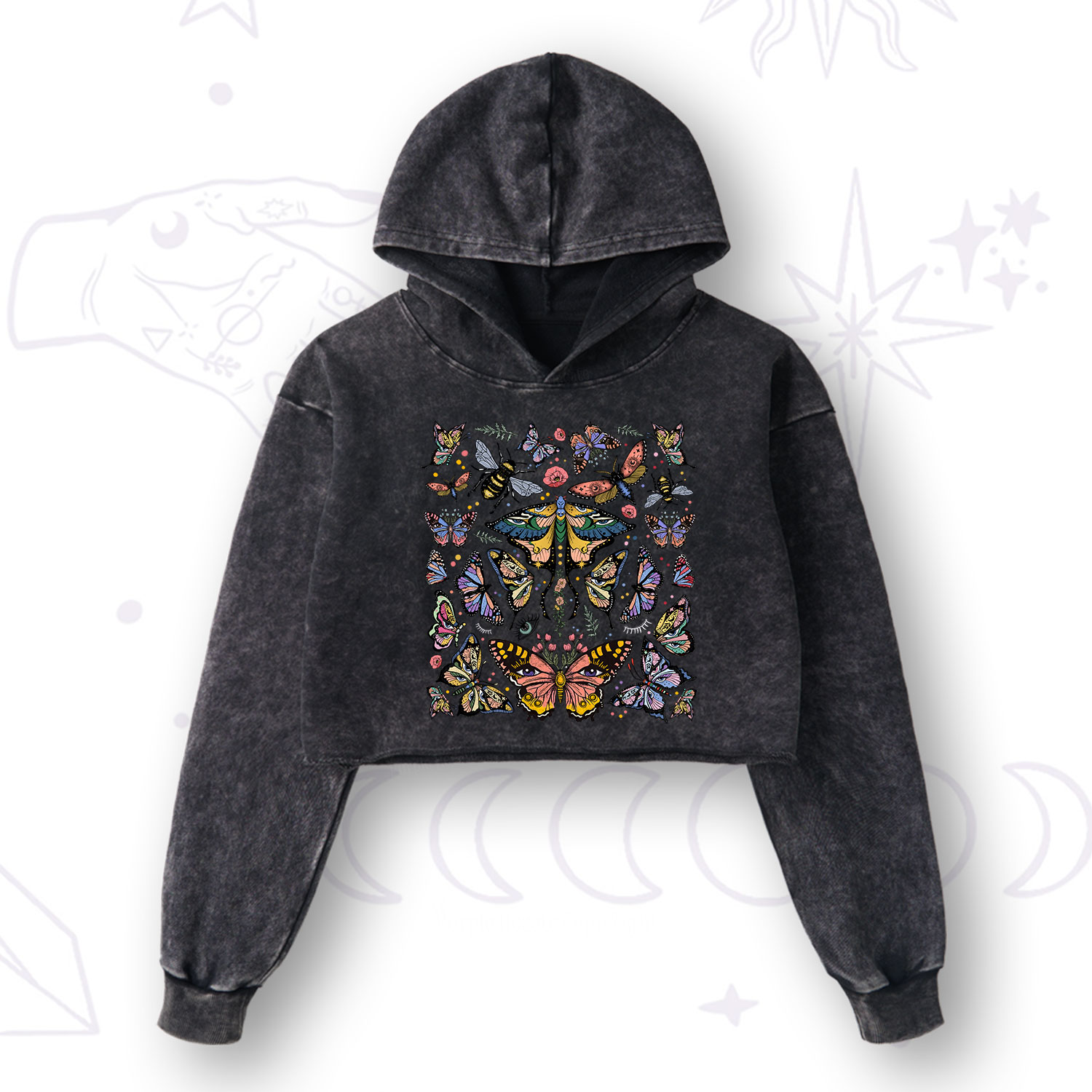 Purplehecate Mystical Butterfly & Moth Washed Cropped Hoodie