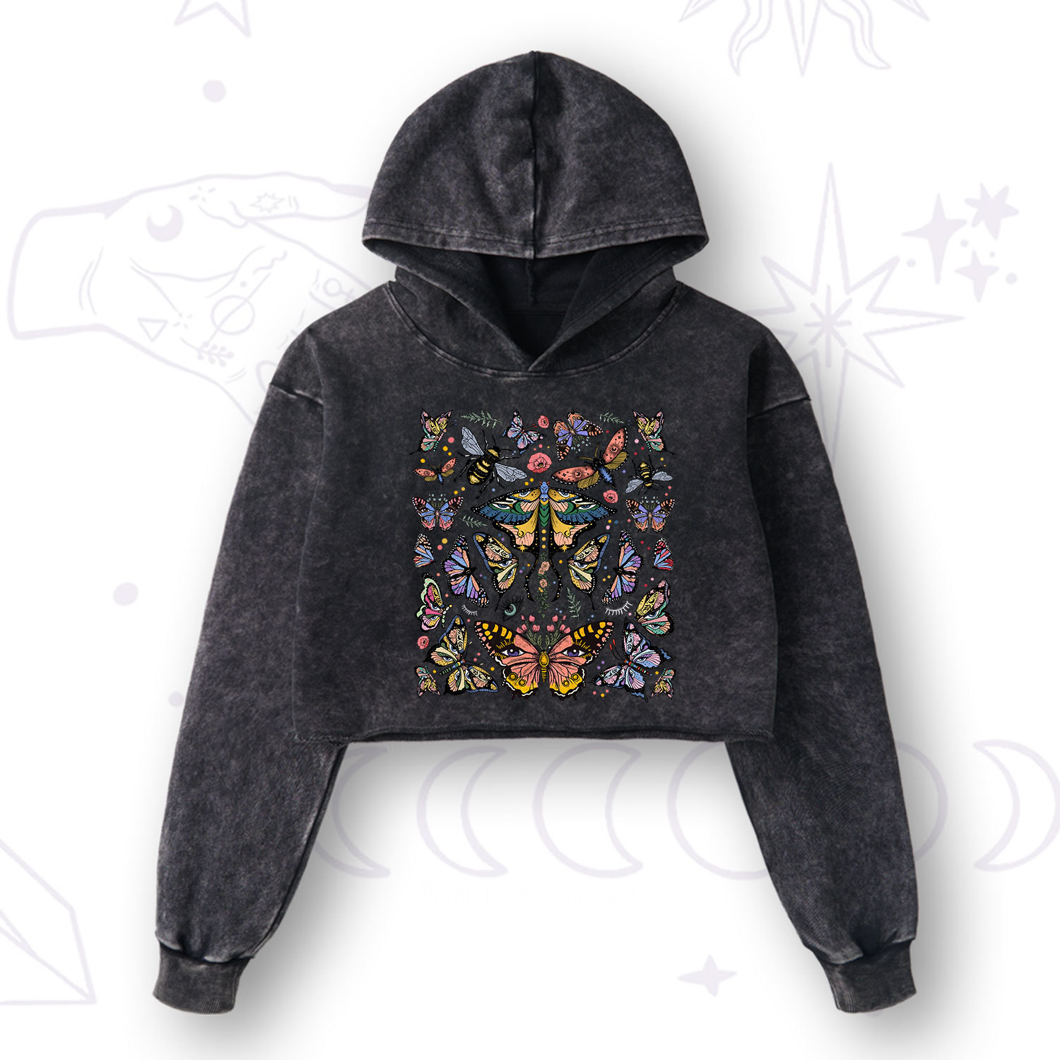 Purplehecate Mystical Butterfly & Moth Washed Cropped Hoodie