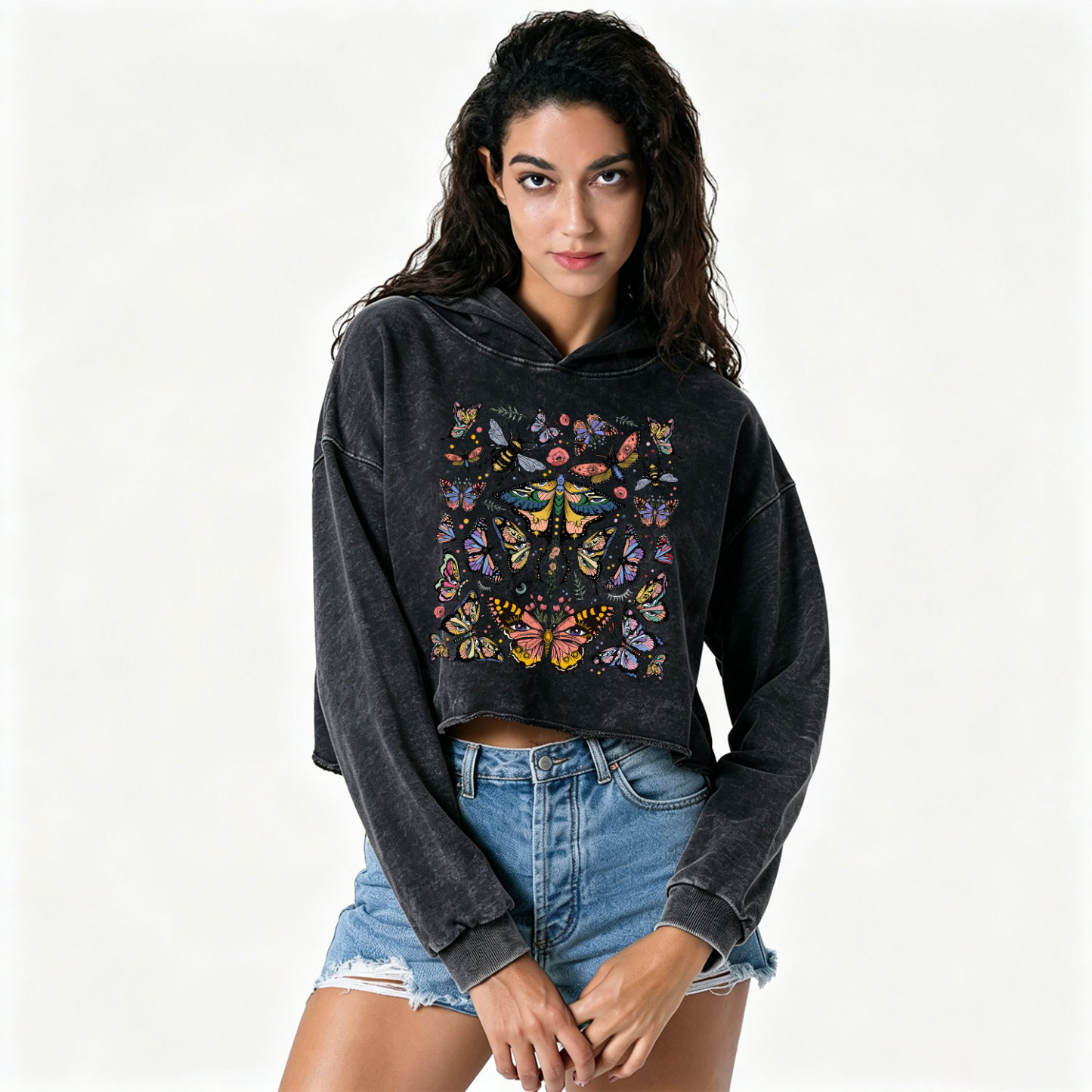 Purplehecate Mystical Butterfly & Moth Washed Cropped Hoodie