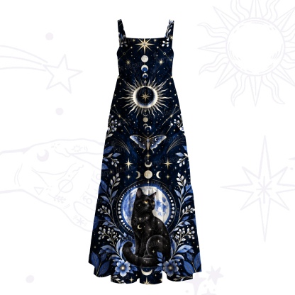 Purplehecate Lunar Oracle Witch's Cat Wide Straps Maxi Dress