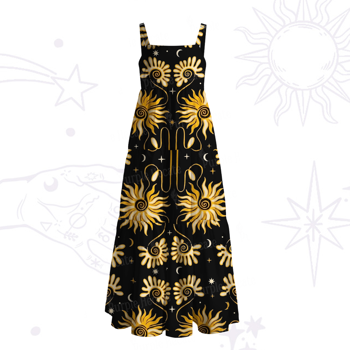Purplehecate Golden Cosmic Sunflower Wide Straps Maxi Dress