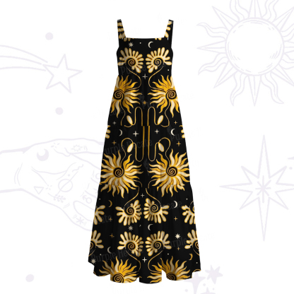 Purplehecate Golden Cosmic Sunflower Wide Straps Maxi Dress