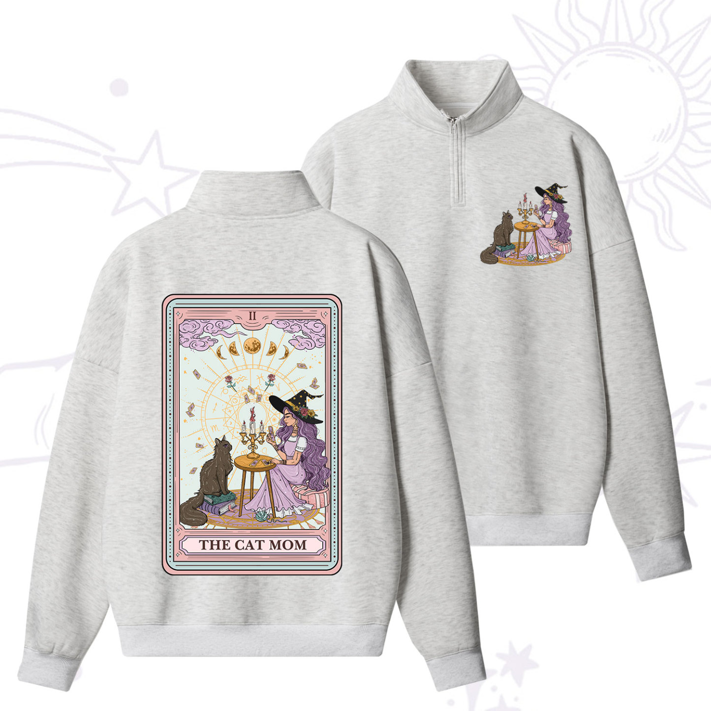 Purplehecate The Cat Witch Mom Tarot Zip Fleece Sweatshirt