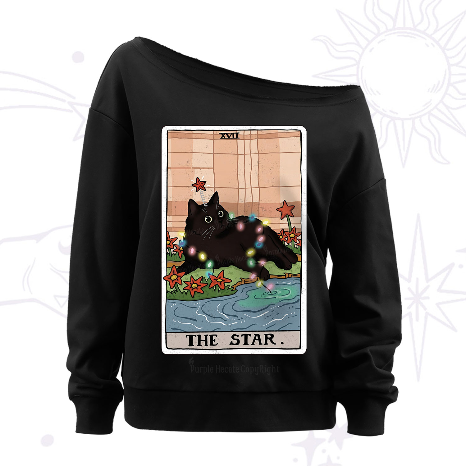 Purplehecate The Star Cat Tarot Card Off The Shoulder Sweatshirt