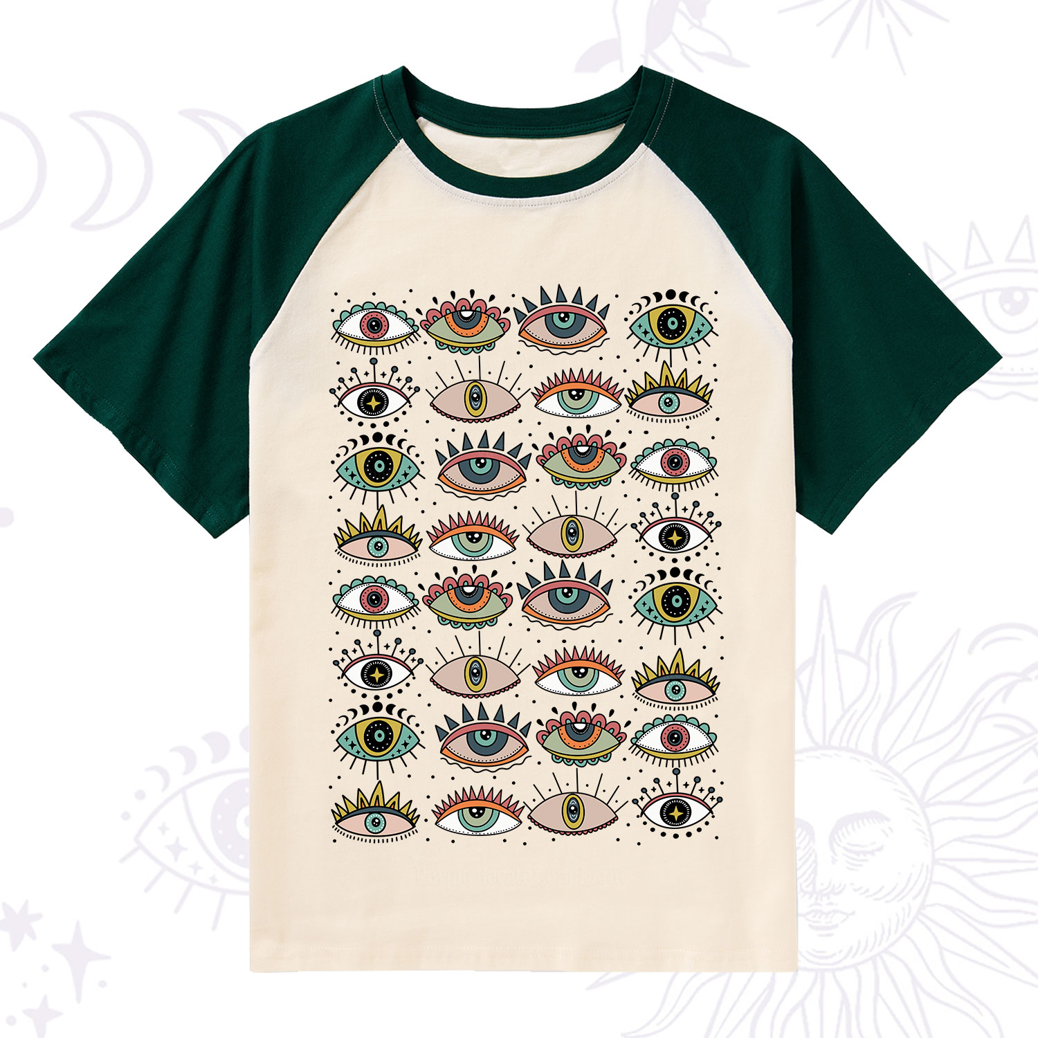 Purplehecate Evil Eye Pattern Raglan Short Sleeve T‑Shirt