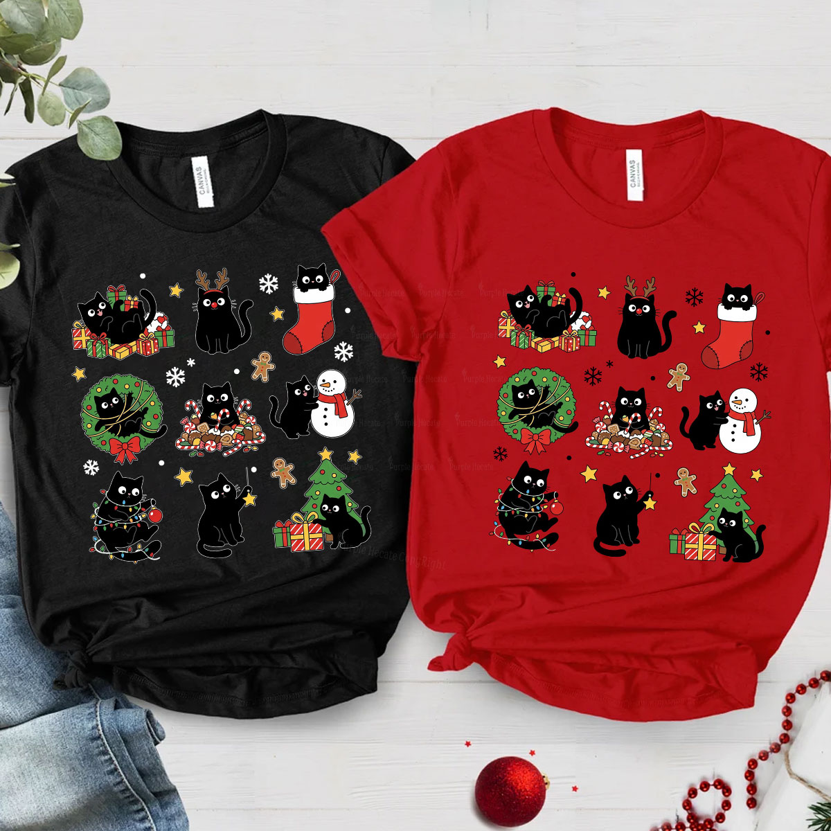 Purplehecate Christmas Black Cat Christmas Couple T-Shirts