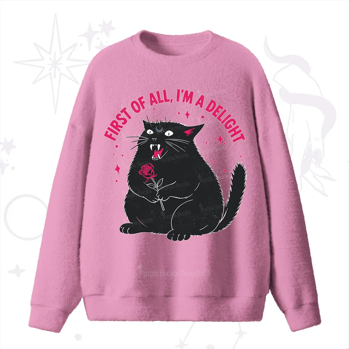 Purplehecate First Of All I'm A Delight Cat Fuzzy Ugly Sweater
