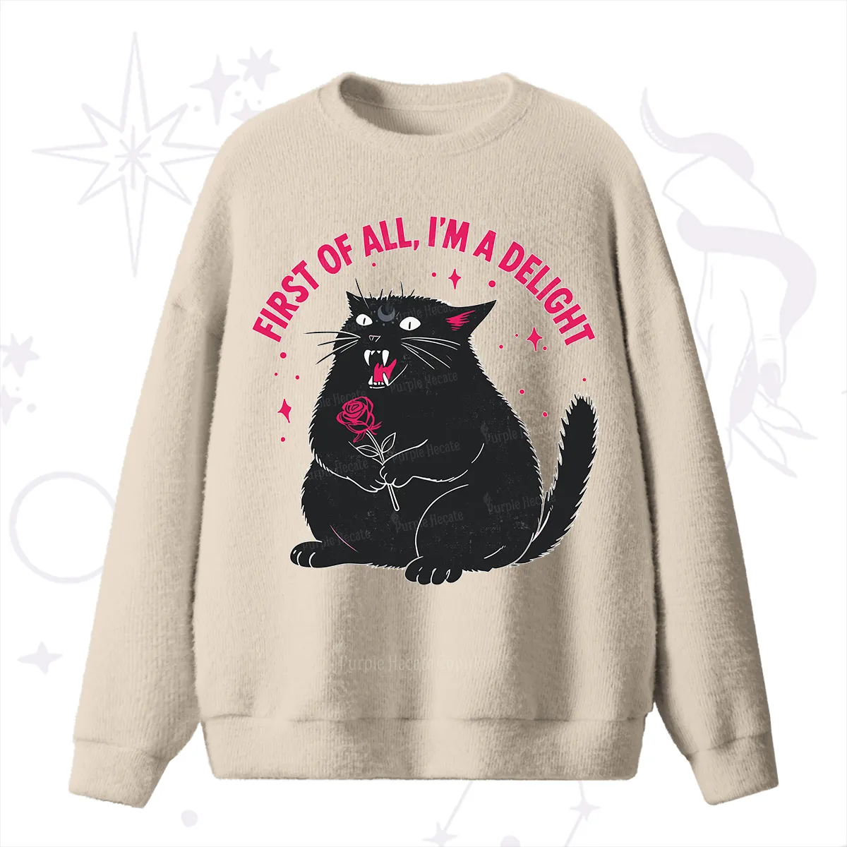 Purplehecate First Of All I'm A Delight Cat Fuzzy Ugly Sweater