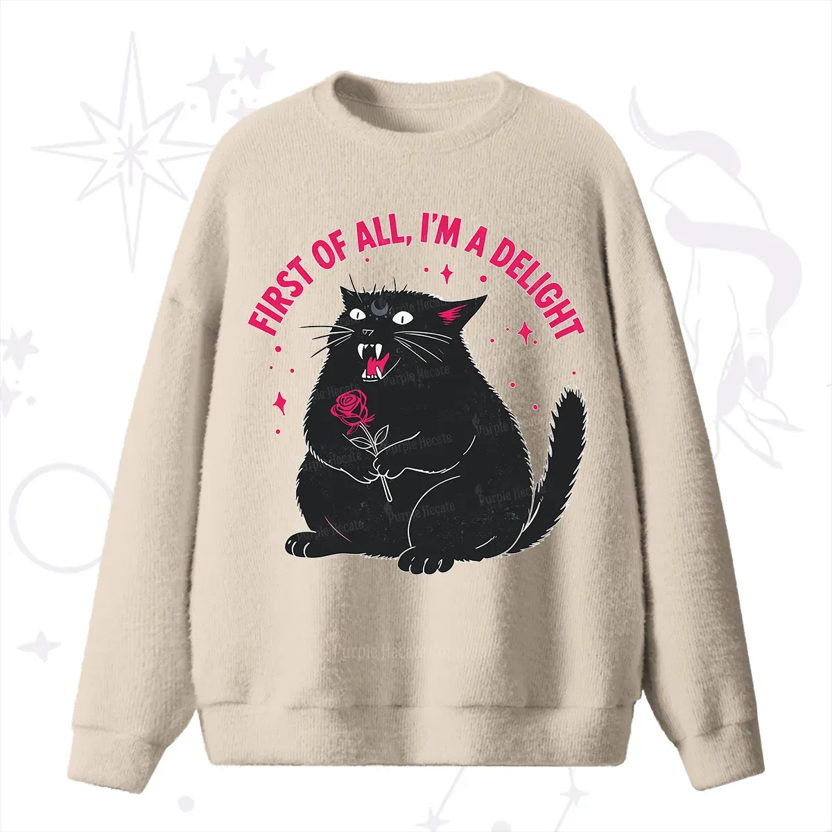 Purplehecate First Of All I'm A Delight Cat Fuzzy Ugly Sweater