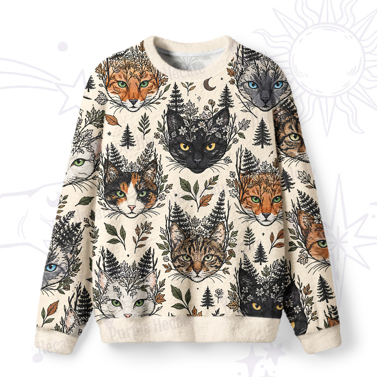 Purplehecate Enchanted Forest Cat Faces Fuzzy Ugly Sweatshirt