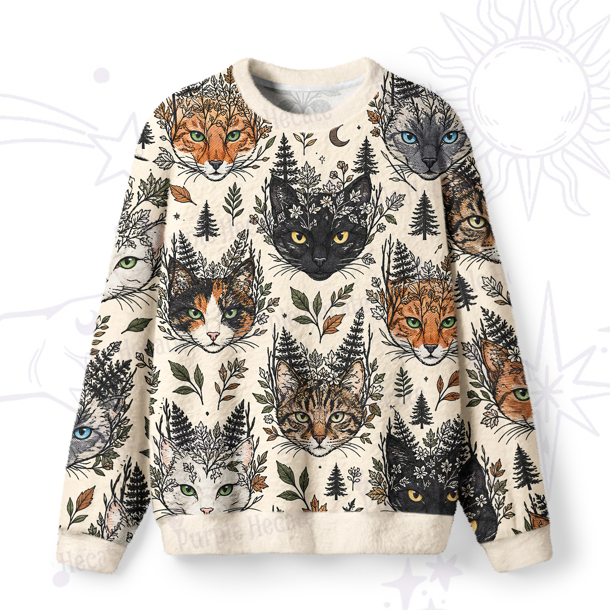 Purplehecate Enchanted Forest Cat Faces Fuzzy Ugly Sweatshirt