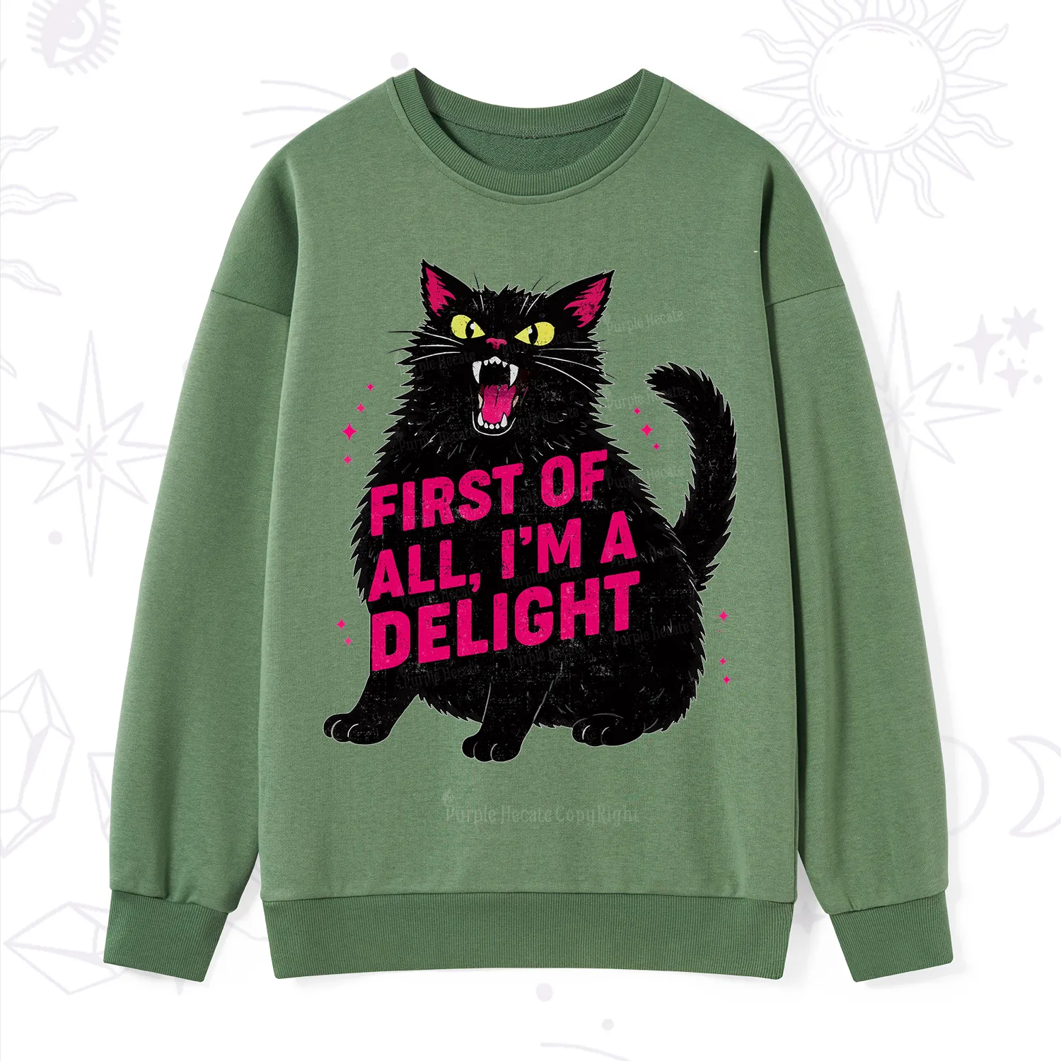 Purplehecate First Of All I'm A Delight Cat Sweatshirt