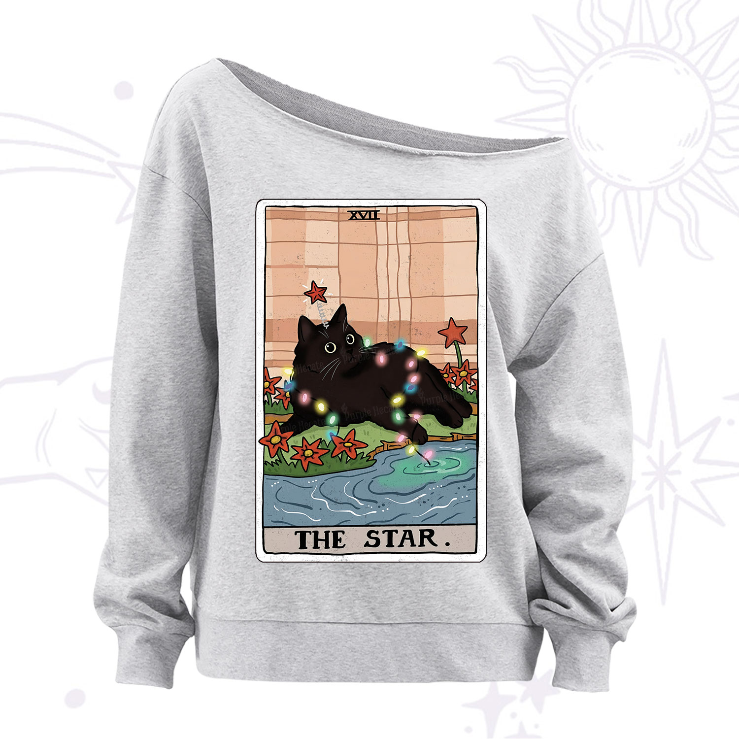 Purplehecate The Star Cat Tarot Card Off The Shoulder Sweatshirt
