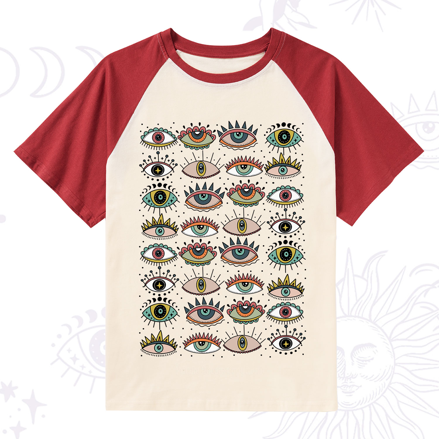 Purplehecate Evil Eye Pattern Raglan Short Sleeve T‑Shirt