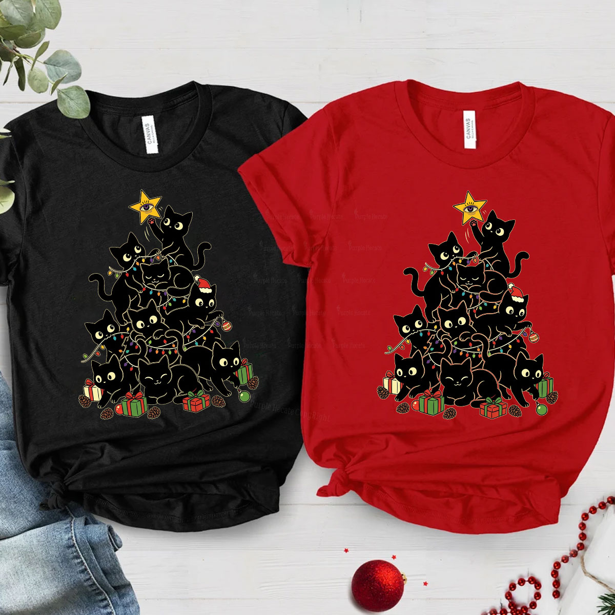 Purplehecate Black Cat Christmas Tree Christmas Couple T-Shirts