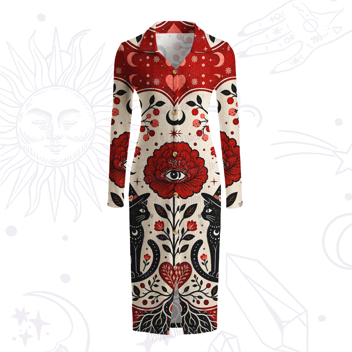 Purplehecate Sacred Cat Floral Ribbed Knit Dress