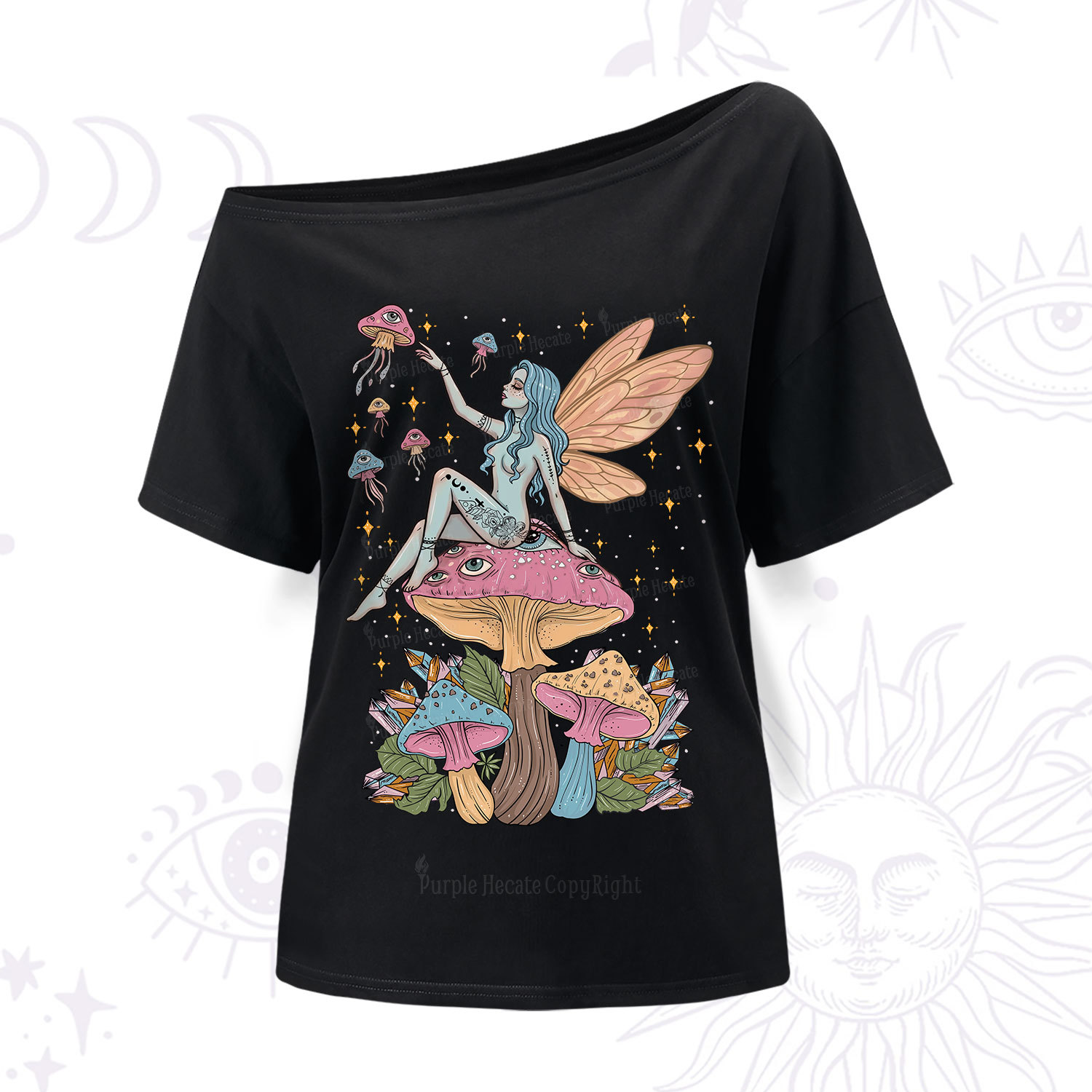 Purplehecate Celestial Fairy on Mushroom One Shoulder T-Shir
