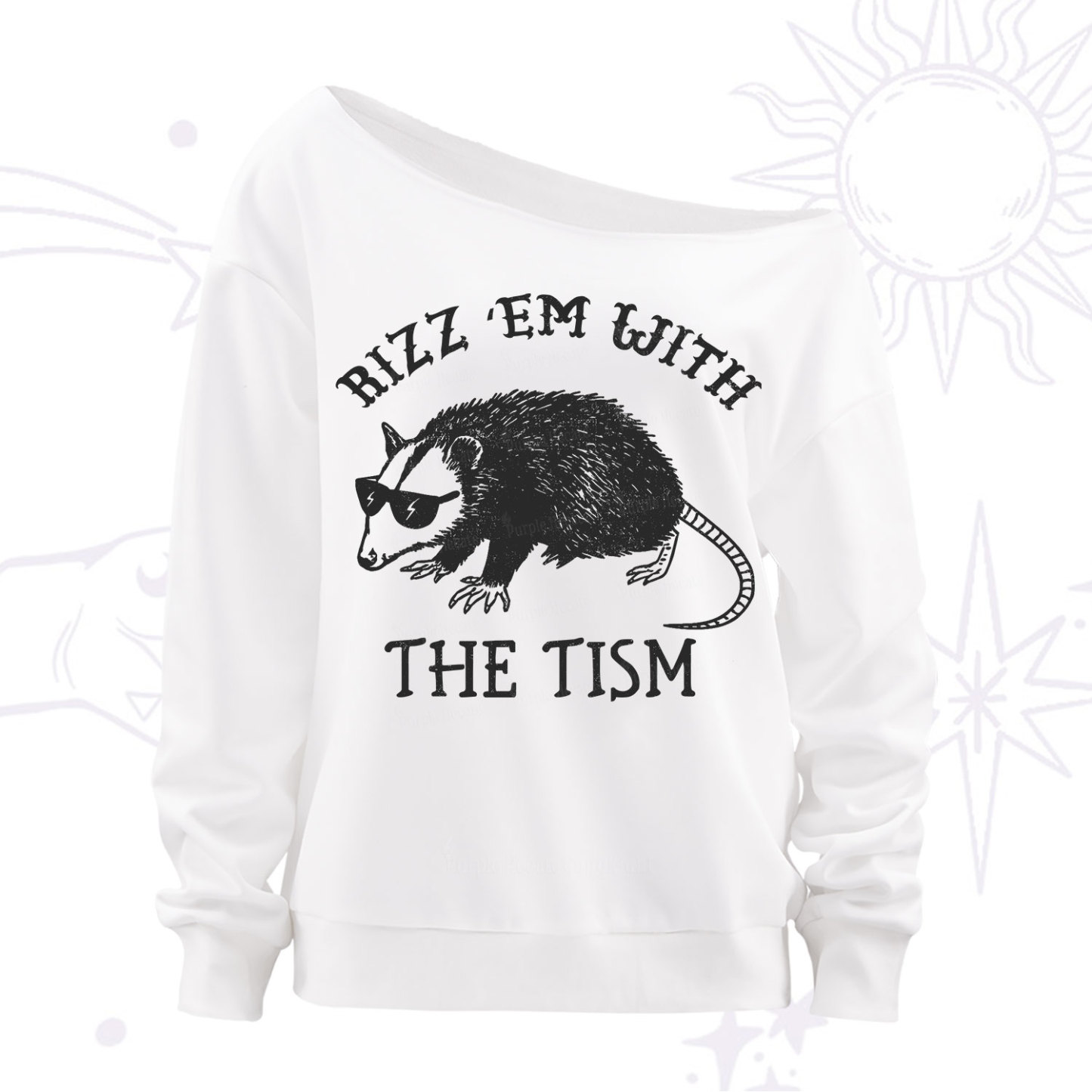 Purplehecate Rizz Em With The Tism Opossum Off The Shoulder Sweatshirt