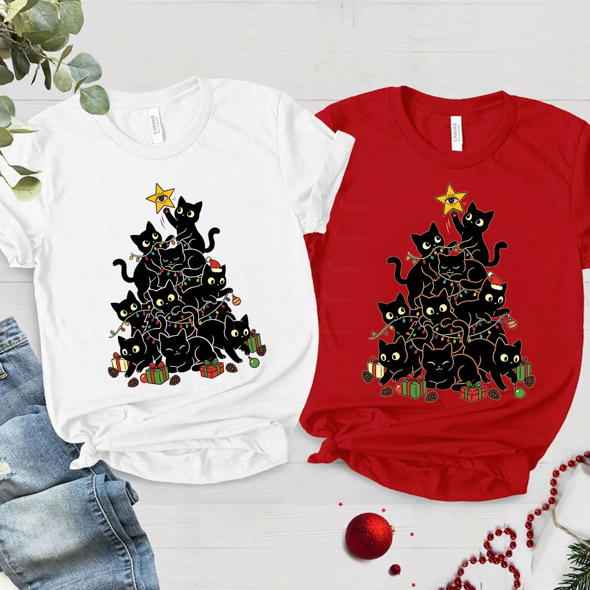 Purplehecate Black Cat Christmas Tree Christmas Couple T-Shirts