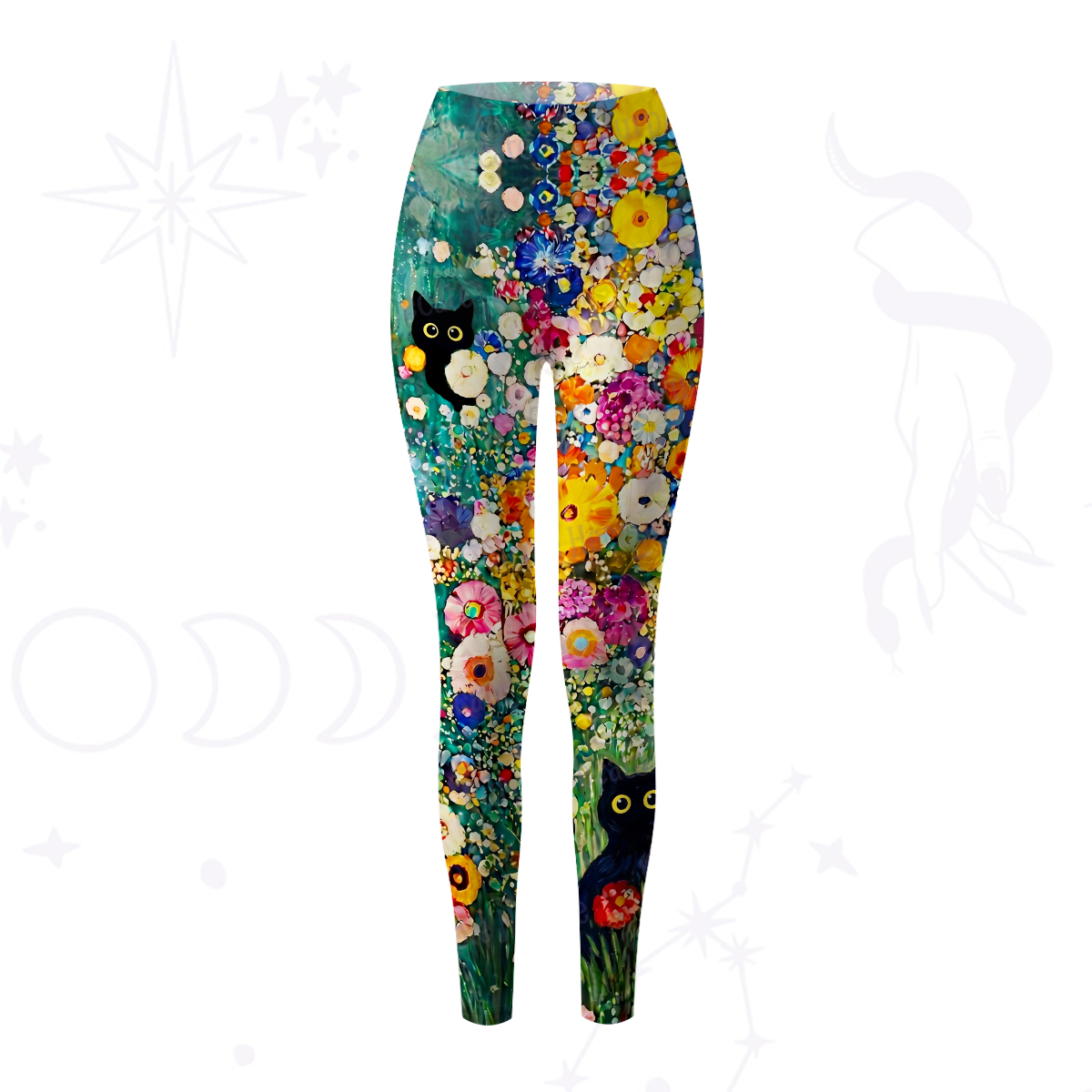 Purplehecate Fluffy Black Cat in Colorful Flower Field Yoga Pants