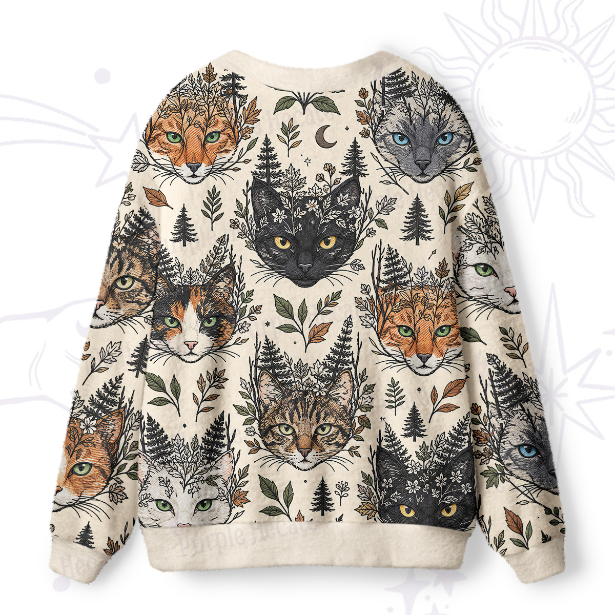 Purplehecate Enchanted Forest Cat Faces Ugly Cardigan Sweaters