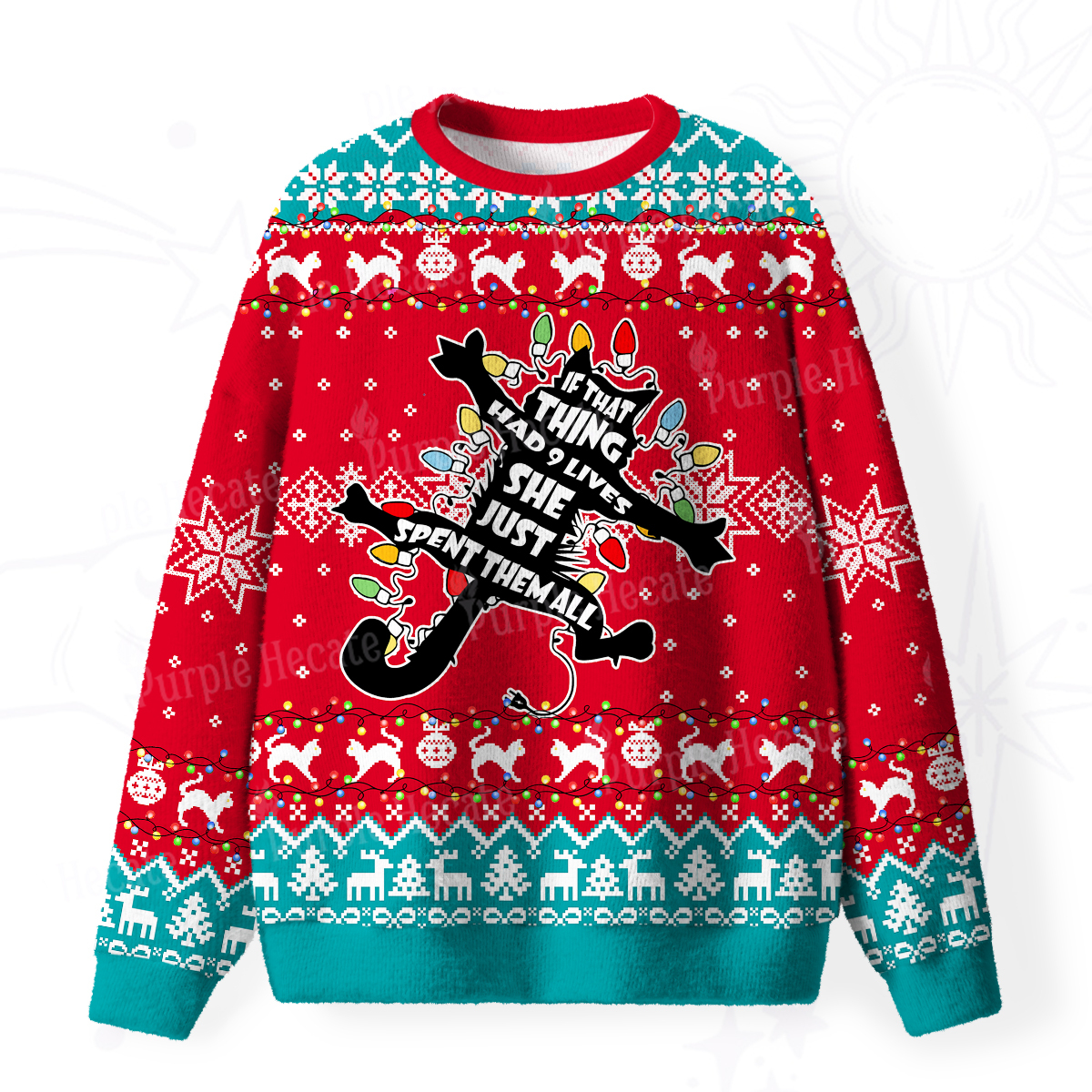Purplehecate Nine Lives Gone Wrong Fuzzy Ugly Christmas Sweatshirt