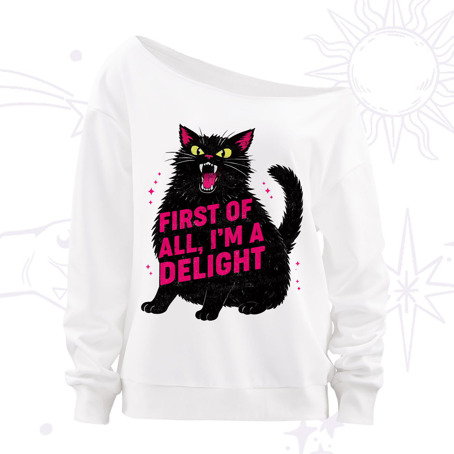 Purplehecate First Of All I'm A Delight Cat Off The Shoulder Sweatshirt