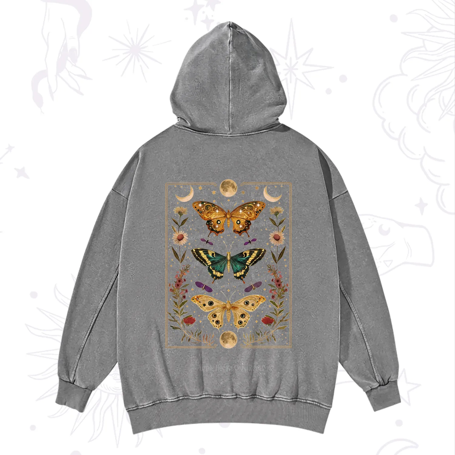 Purplehecate Sun and Moon Butterfly Washed Hoodie