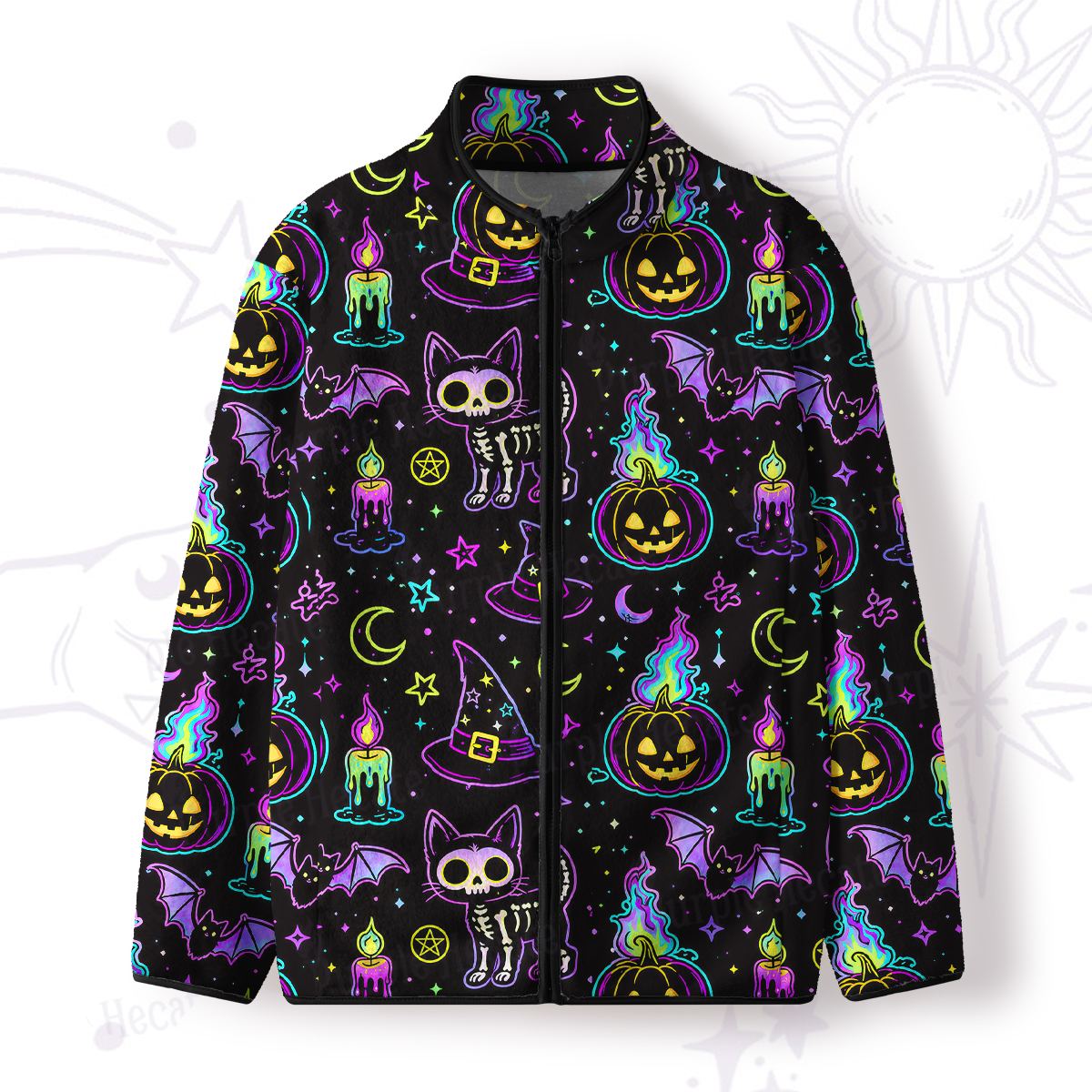 Purplehecate Neon Halloween Skeleton Cat Full Zip Fleece Jacket