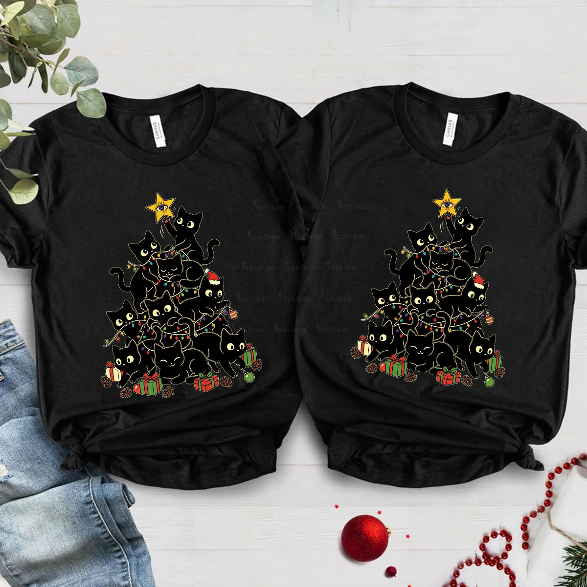 Purplehecate Black Cat Christmas Tree Christmas Couple T-Shirts