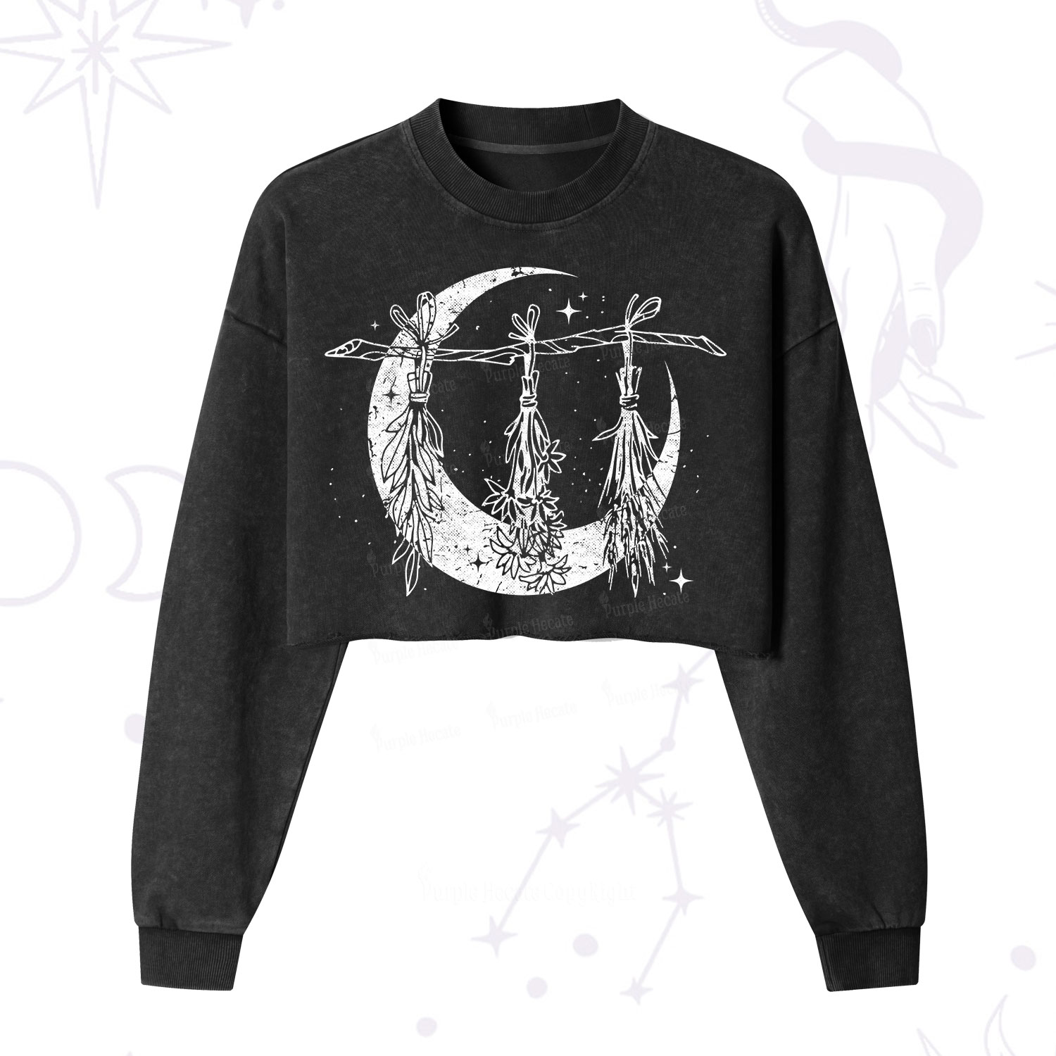 Purplehecate Witchy Moon Herbs Cropped Washed Sweatshirt