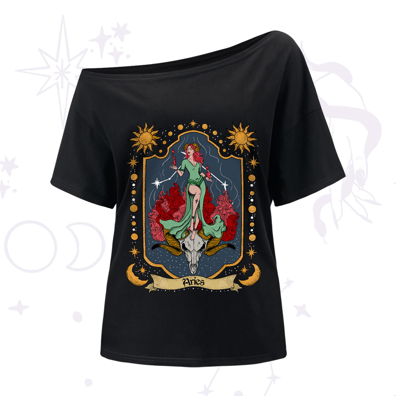 Purplehecate Aries Zodiac One-Shoulder T-Shirt
